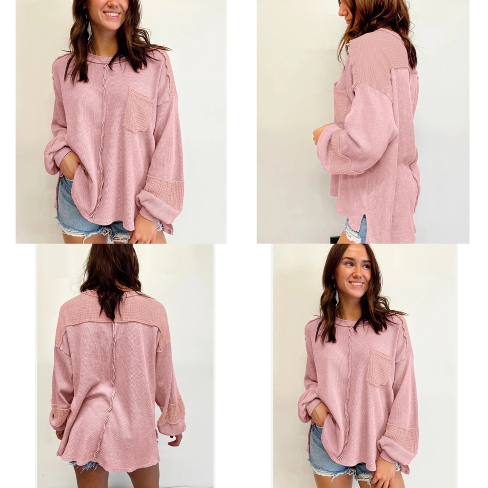 Waffle Knit‎ Top Exposed Seam Patchwork Bubble Sleeve Pink Womens Size M